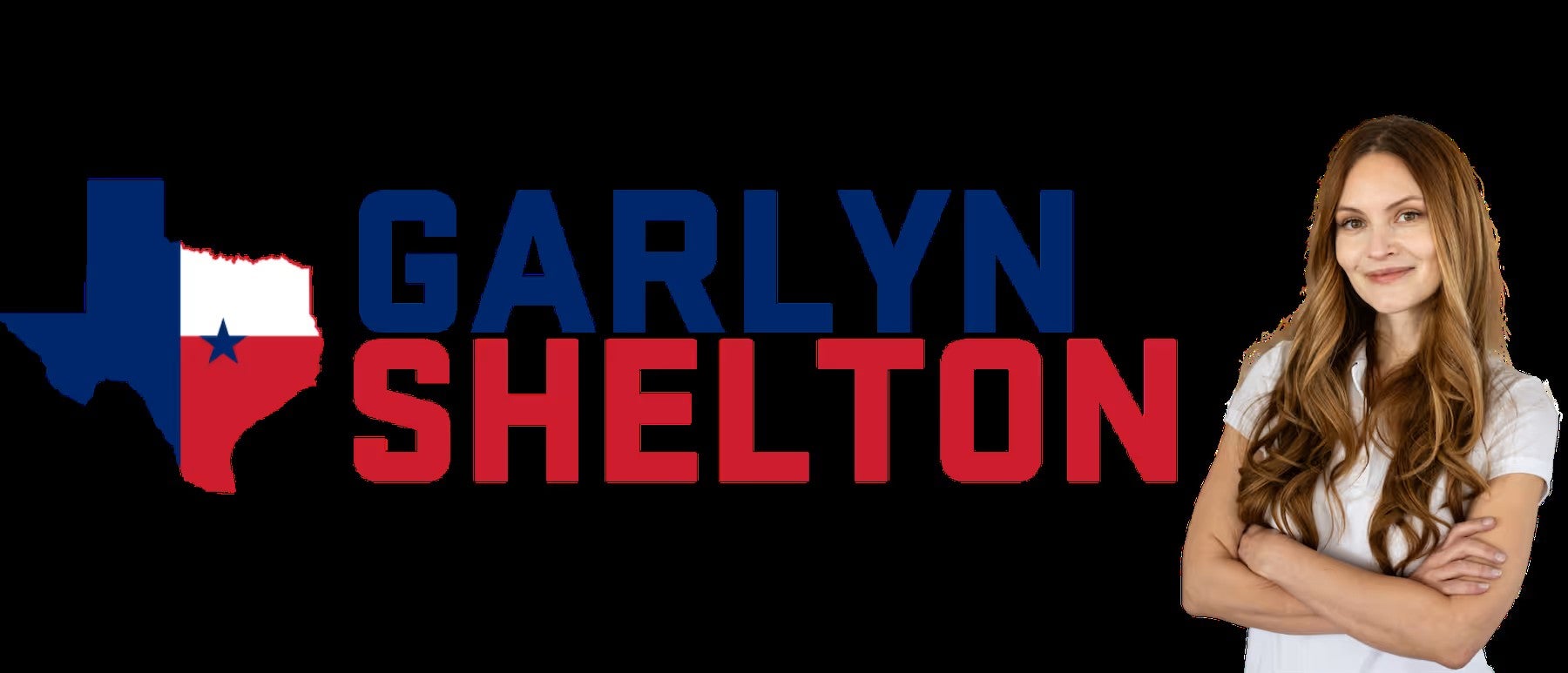 Garlyn Shelton logo with a Texas graphic and a person standing beside it with folded arms